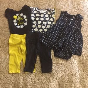 2 daisy onesies, 2 pants & black onesie dress 6M
